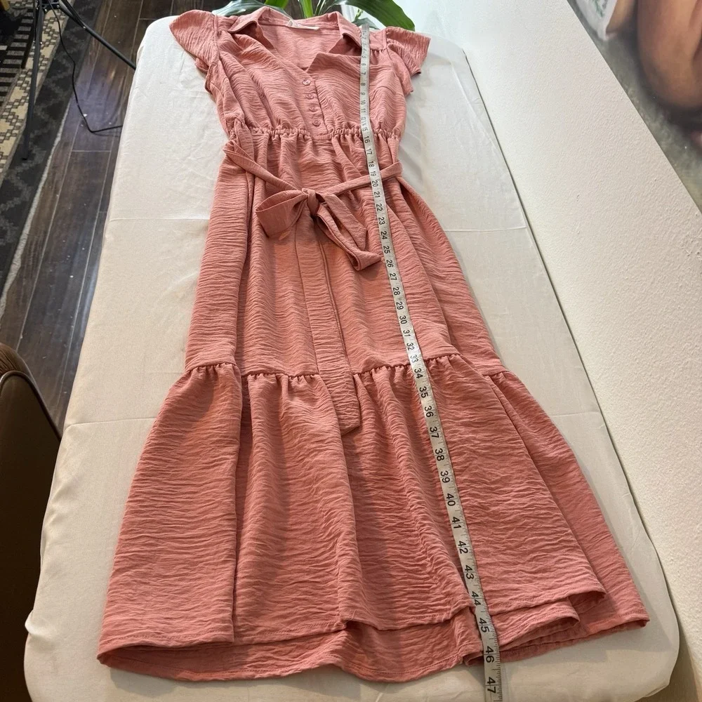 Lucky Brand Pink Cap Sleeve Shirt Midi Dress Womens Small Tie Collared Feminine‎